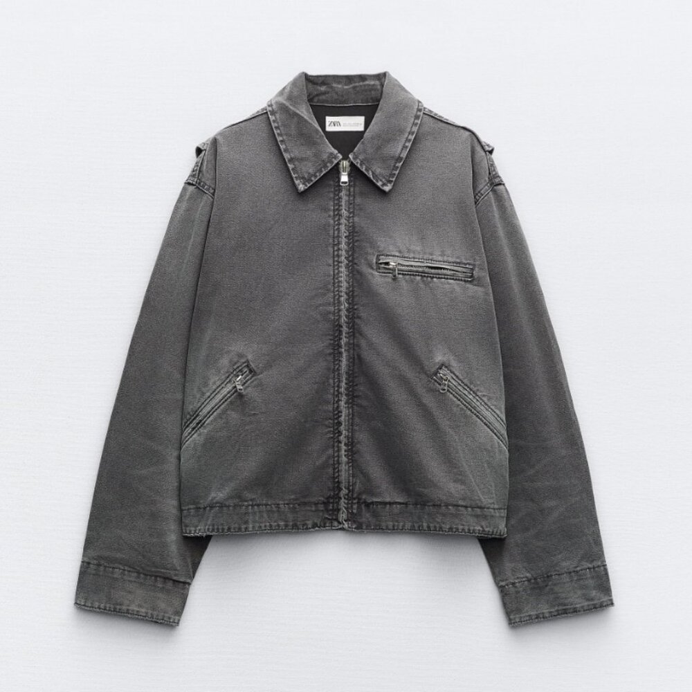 Zara Gray Zipper Denim Jacket Small